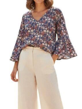 Sanctuary Navy Floral Bell Sleeve Wrap Top Blouse Size Medium Flowy Boho Casual